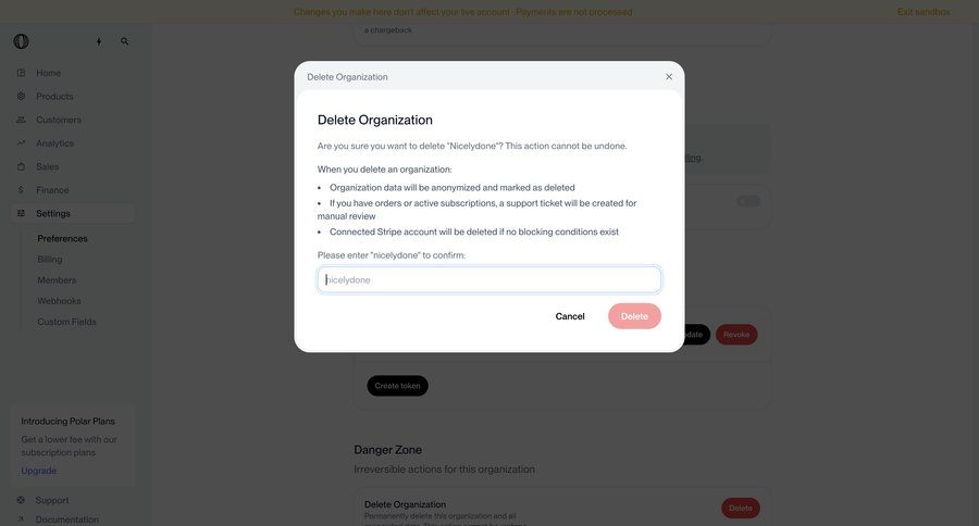 Polar
			 account management form workspace settings confirmation confirmation screen account settings organization management cancel deletion sidebar security modern ui page example