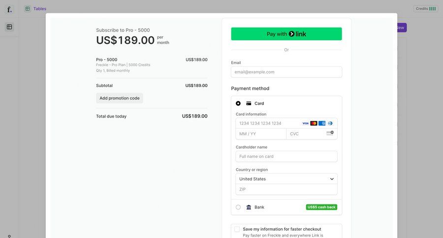 Freckle
			checkout plans & pricing (in app) upgrade your account form subscription management payment processing ui page example
