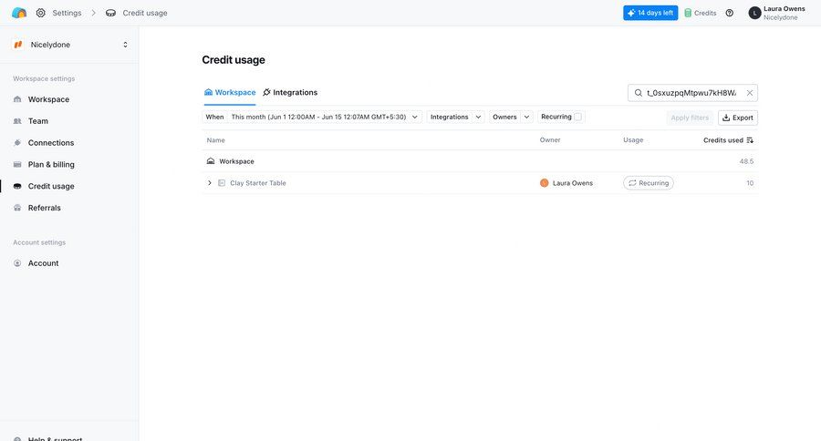 Clay
			 settings sidebar navigation account management workspace settings export account settings data display table analytics ui page example