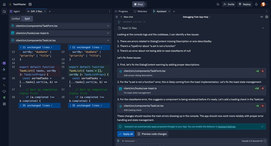 Replit
			 split screen message toast notification chat interface ai assistance ai suggestions ui page example