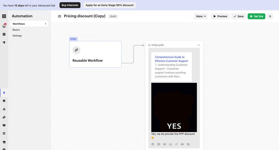 Intercom
			 settings workflow automation workflow management workflow builder workflow creation drag and drop workflow configuration automation setup workflow steps workflow editor sidebar ui page example