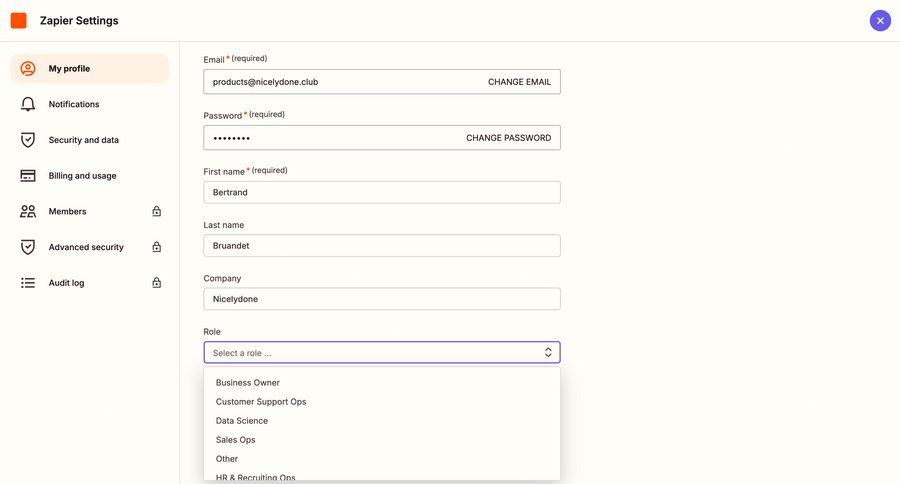 Zapier
			 settings account management onboarding form account setup profile management full screen modal sidebar user profile notification settings ui page example