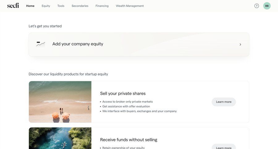 Secfi
			 finance product discovery personal space navigation bar ui page example