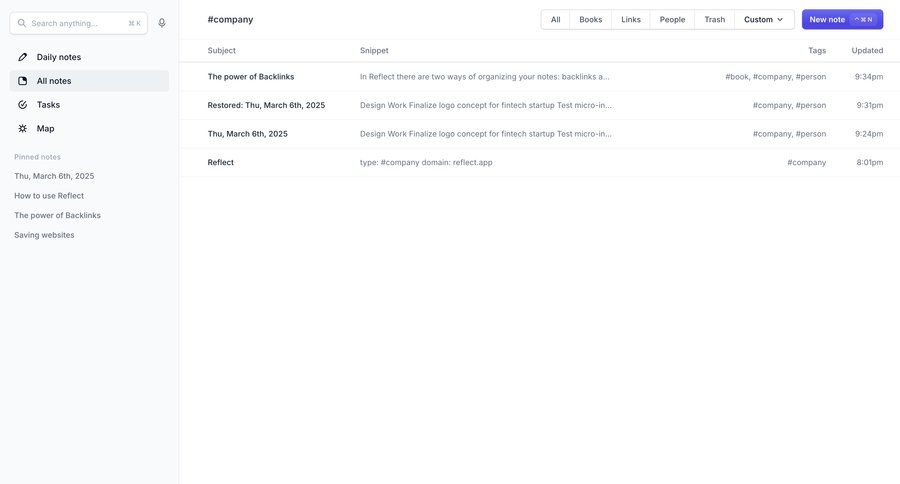 Reflect
			 sidebar navigation tagging sidebar create folder search bar ui page example