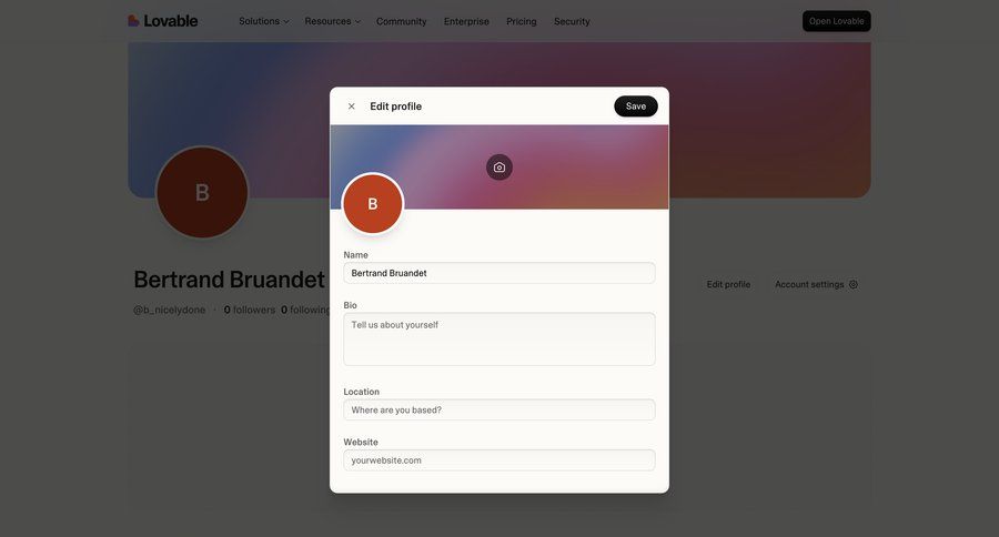 Lovable
			 user profile modal dialog form upload image avatar upload ui page example