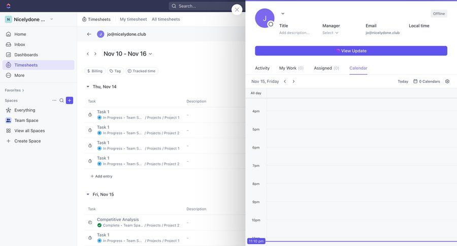 ClickUp
			 sidebar navigation project management user management split screen calendar screen sidebar user profile update table time selector time management ui page example