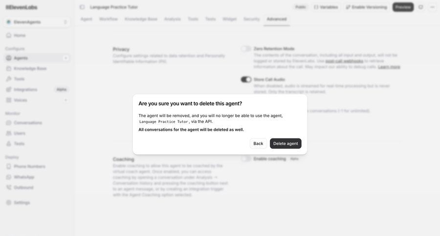 Elevenlabs
			 data management delete confirmation modal dialog confirmation screen cancel deletion ui page example
