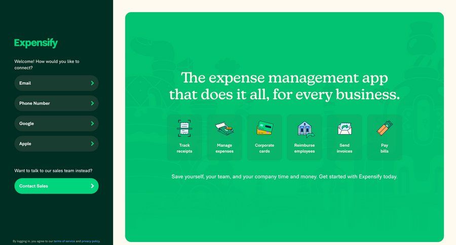 Expensify
			 finance account creation expense management color palette login log in homepage home page features modern pay bill connect service ui page example