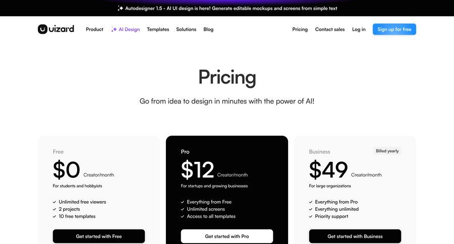 Uizard
			 free tier free templates service plans pricing plans subscription plans payment options press release alternatives quick actions marketing website design payment page blog templates enterprise enterprise settings payment confirmation customer support chat pricing packages pricing calculator ui page example