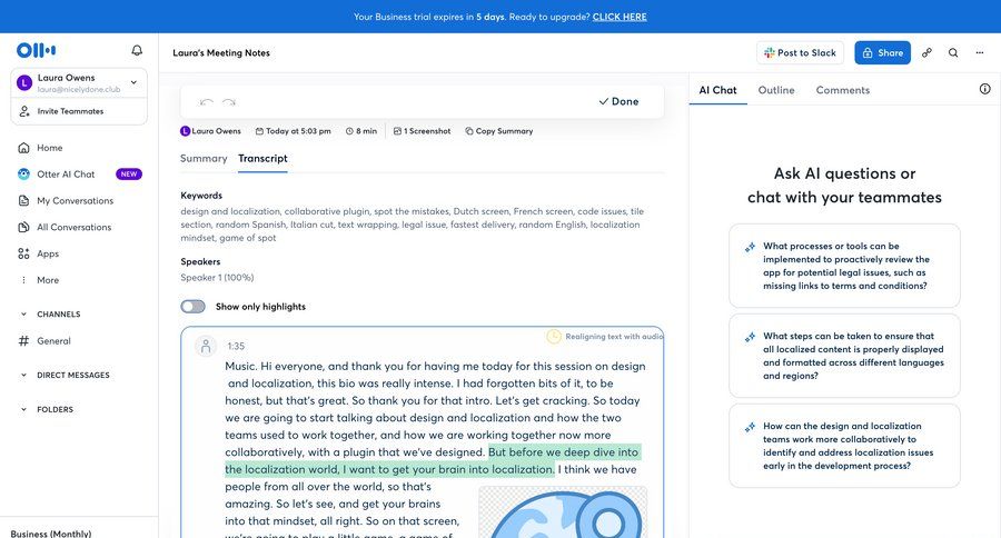 Otter
			 collaboration team collaboration sidebar navigation design reviewing meeting transcript call transcript sidebar menu collaborators group members tips tip progress bar modern review meeting summary transcript localization sharing ui page example