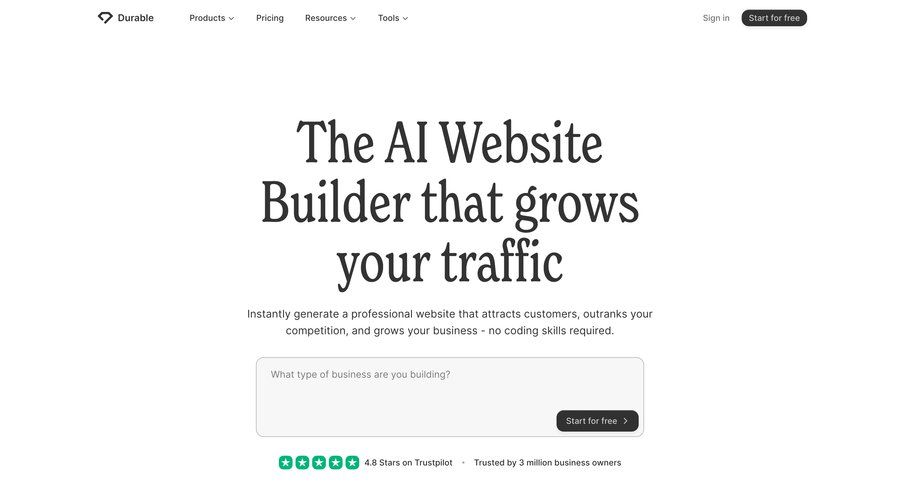 Durable
				landing page ui page example