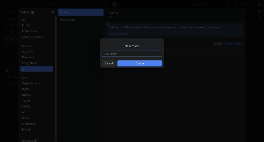 Missive
			 api integration settings modal ui page example