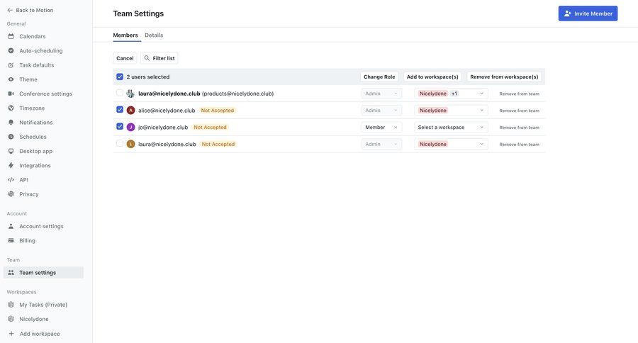 Motion
			 collaboration settings team collaboration sidebar navigation project management user management account setup workspace management access control list management table timezone selector configuration screen ui page example
