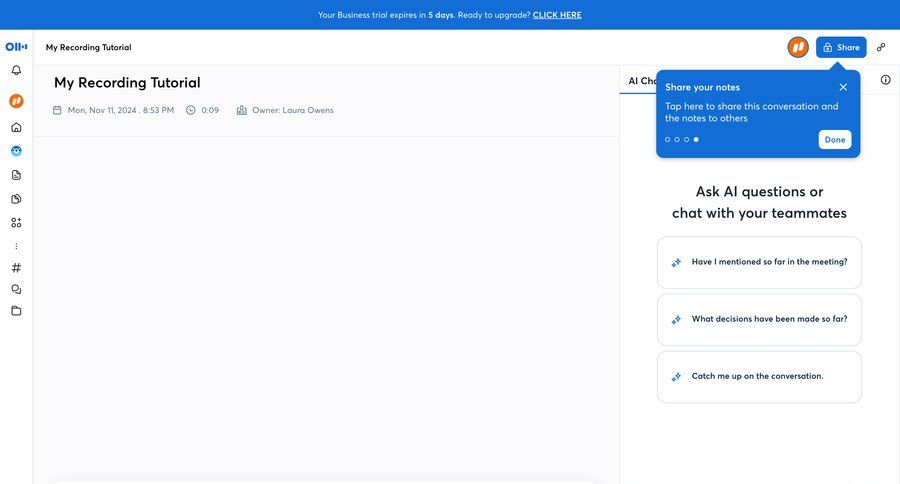 Otter
			 sharing sidebar tutorial progress bar collaboration sidebar navigation communication guide meeting review guided tour share modal ai assistance tips ai chat prompts voice ui page example