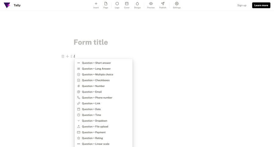 Tally
			 form editor form building wysiwyg create menu inline edit ui page example