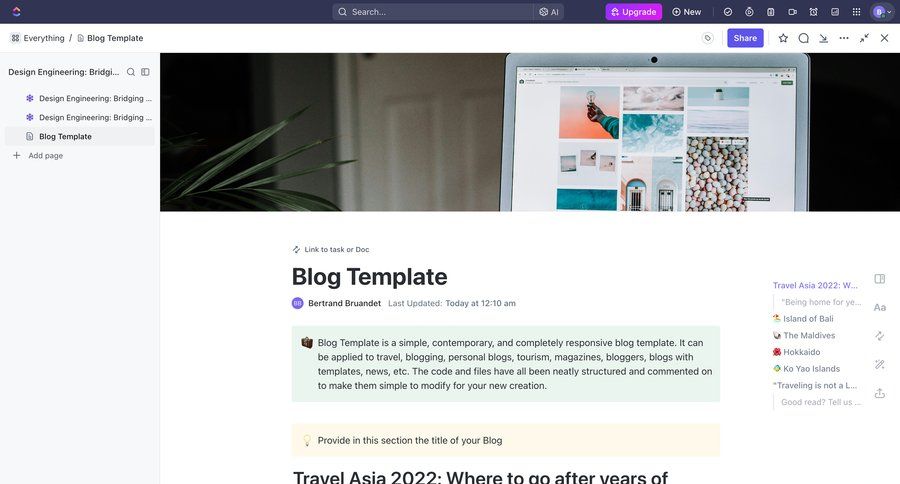 ClickUp
			 content management sidebar navigation templates blog management sidebar detail view info view menu modern ui page example