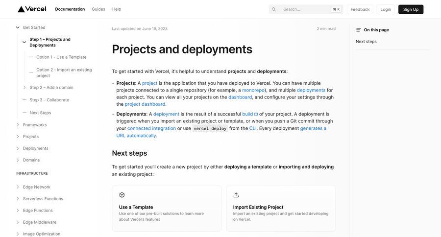 Vercel
			 deploy audit log doc documentation docs importing data ui page example