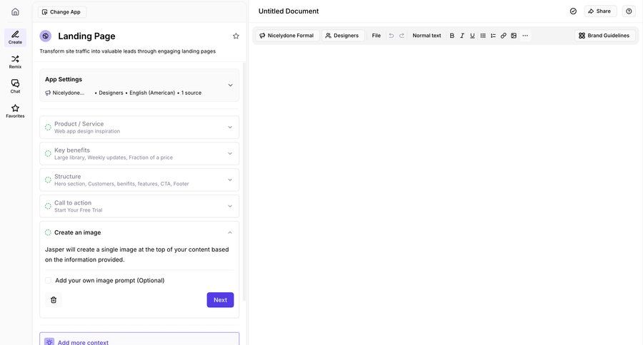 Jasper
			 grid form full-screen layout call to action sidebar create generate menu ui page example