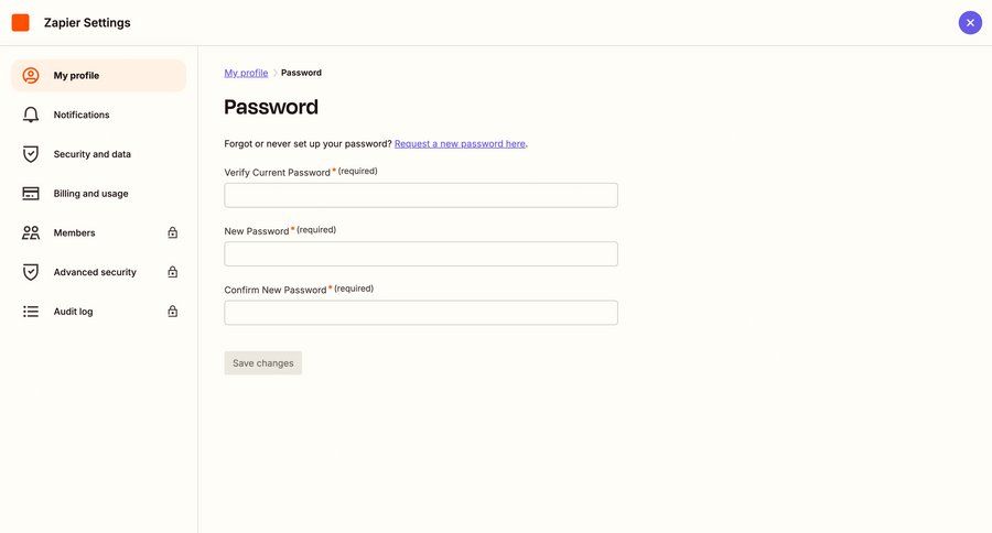 Zapier
			settings password reset form account settings settings sidebar navigation account management form account setup form layout password management security change password ui page example