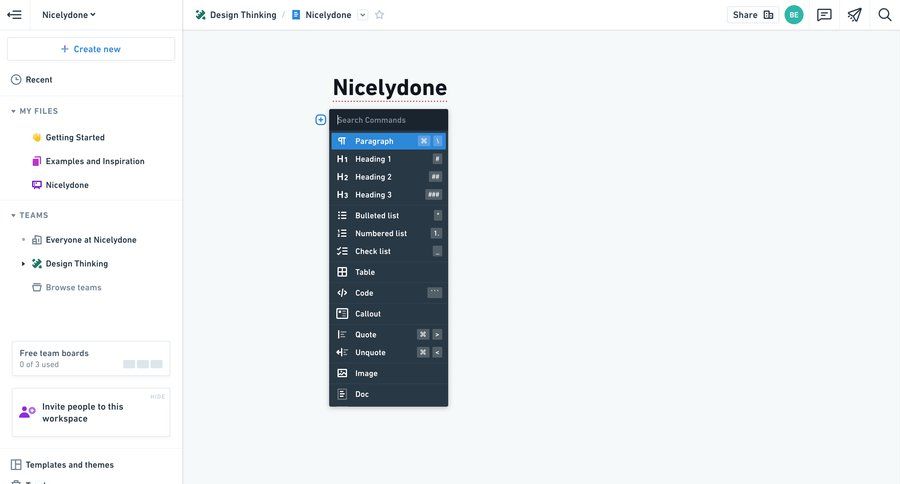 Whimsical
			 collaboration team collaboration sidebar navigation project management editor document editing file management real-time collaboration file organization document creation sidebar lists create menu modern ui page example