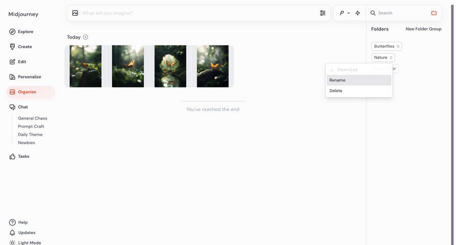 Midjourney
			 grid delete design file management sidebar menu image gallery download ui page example