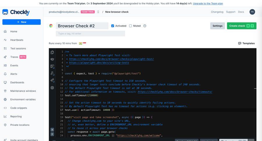 Checkly
			 configuration settings sidebar navigation automation cancel trial sidebar new create setup menu monitoring ui page example