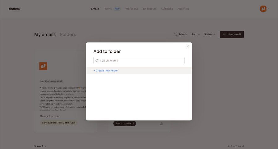 Flodesk
			 form folder management email management email inbox lists ui page example