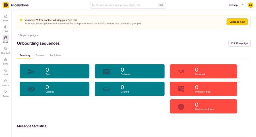 Outseta
			 dashboard sidebar navigation trial banner alert performance metrics kpi dashboard table analytics email marketing ui page example