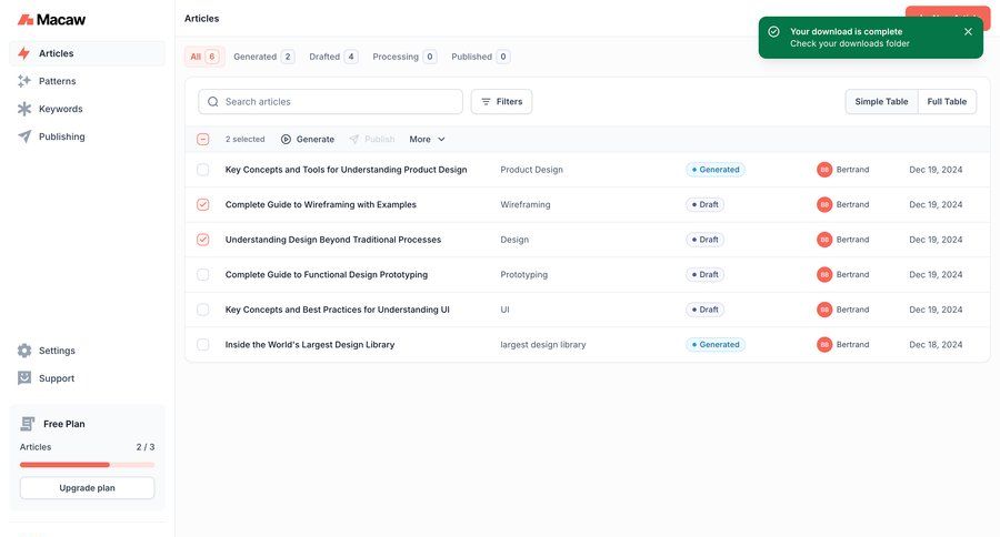 Macaw
			 content management sidebar navigation design list management free plan dropdown filters sidebar alert message system notification push notification notification center generate menu filter options filter ui progress bar table toast notification ui page example