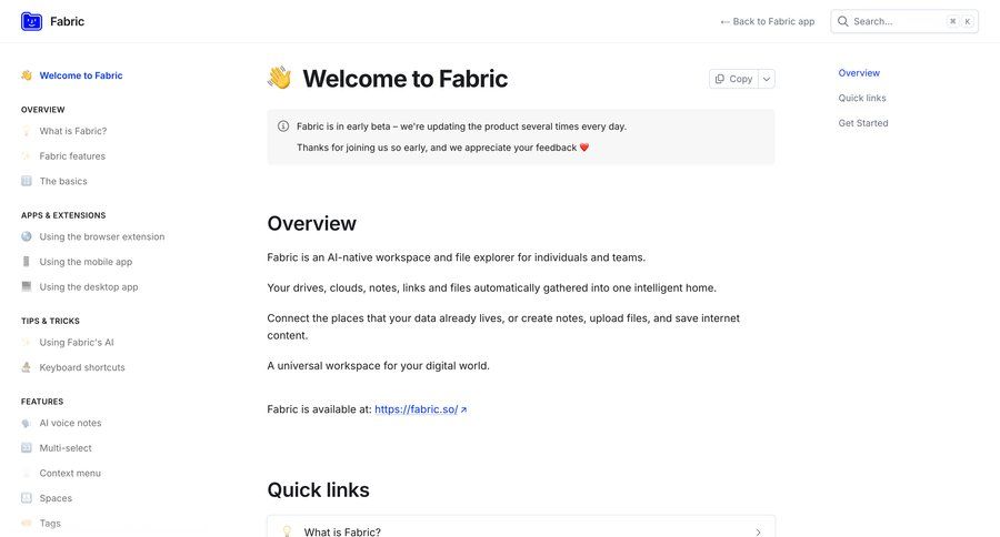 Fabric
			 knowledge base getting started documentation ui page example
