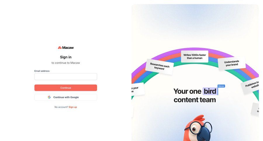 Macaw
			 artificial intelligence form user authentication split screen account creation authentication login connection auth signin sign in log in signup login page ui page example