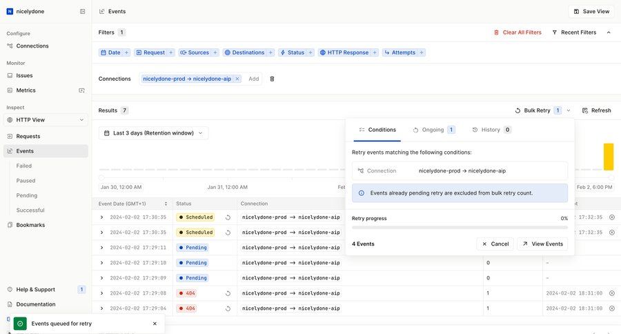 Hookdeck
			filters bulk actions data management sidebar navigation retry filters dropdown bulk import bulk delete bulk archive dropdown filters call to action sidebar menu monitoring search filters sorting filters progress bar table date filter search results search menu ui page example