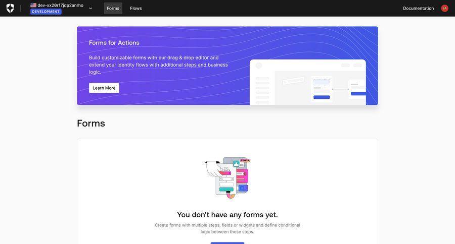 Auth0
			 conditional logic workflow automation empty state illustration extend trial drag & drop call to action blank state void blank non-ideal state empty page prompt navigation bar modern reorder ui page example