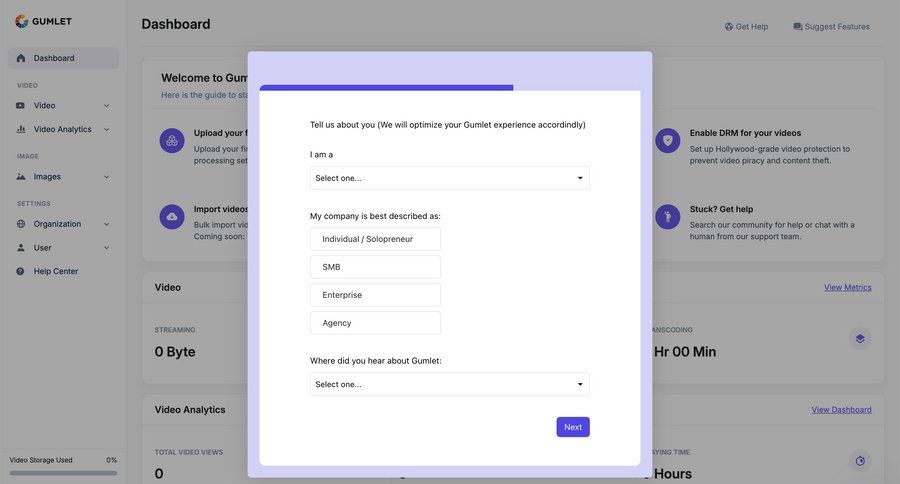 Gumlet
			 modal screen content management settings dashboard sidebar navigation onboarding form account setup onboarding modal coming soon bulk import bulk upload sidebar personal space progress bar enterprise settings ui page example