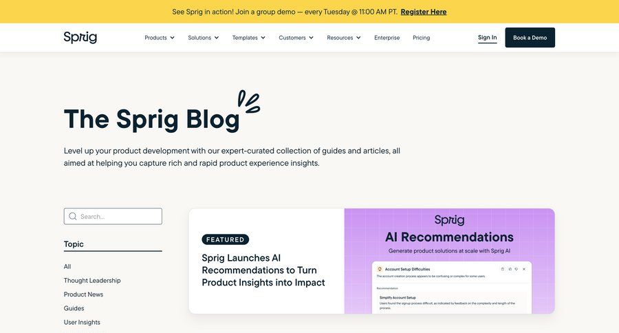 Sprig
			 features management insight case studies blog templates newsletter signup suggestion news feed ui page example