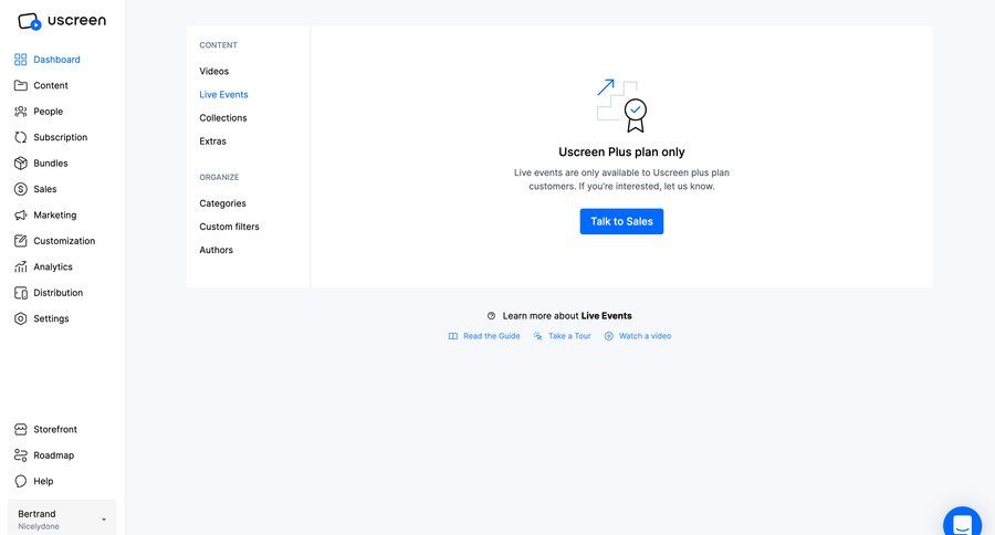 Uscreen
			 content management dashboard analytics dashboard subscription management content management system sidebar guided tour analytics ui page example