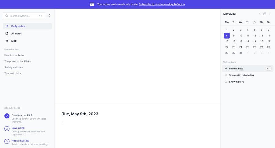 Reflect
			 task management dashboard sidebar navigation account setup knowledge management note creation sidebar create menu ui page example