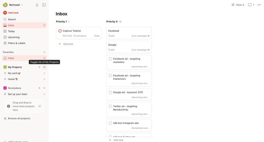Todoist
			 task management dashboard sidebar navigation project management project organization inbox management inbox drag & drop sidebar menu time management ui page example
