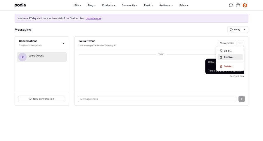 Podia
			 e-commerce inbox user profile user communication messages menu user termination profile page conversational ui page example
