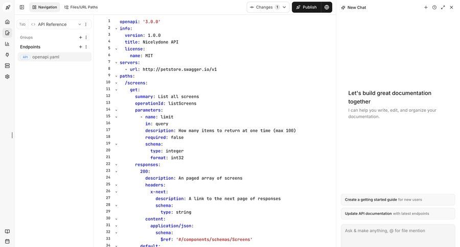 Documentation.AI
			 editor three-column grid ai assistance hierarchical navigation code editing api management dropdown filters sidebar modern contextual help ui page example