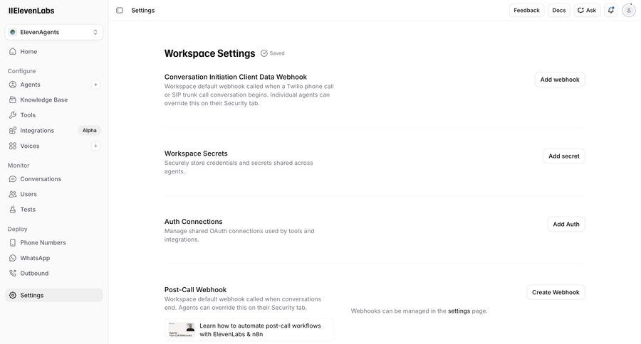 Elevenlabs
			settings workspace settings integration settings workspace settings ui page example