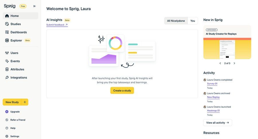 Sprig
			 dashboard onboarding user research data analysis dashboard overview activity tracking sidebar insight setup on boarding modern pagination ui page example
