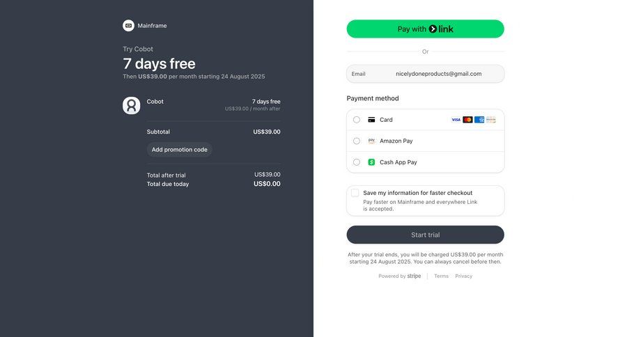 Cobot
			checkout form plans & pricing (in app) e-commerce form free trial call to action payment options ui page example