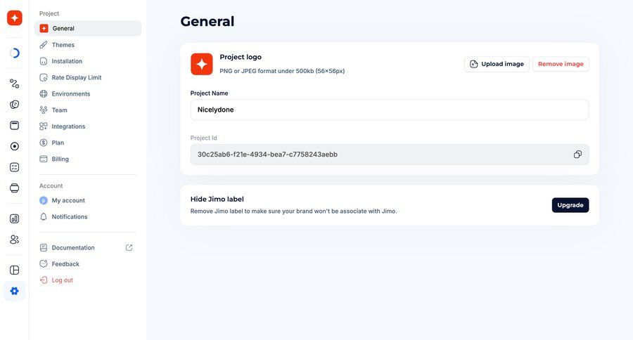 Jimo
			 configuration settings account management form project setup account settings upload image sidebar documentation modern ui page example