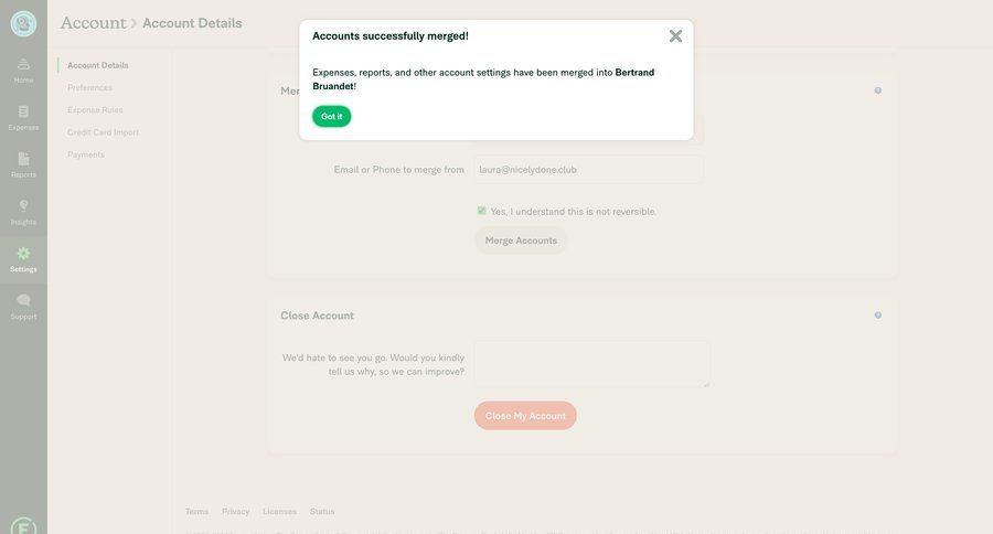 Expensify
			 settings sidebar navigation account management fintech account settings sidebar preferences confirmation message ui page example