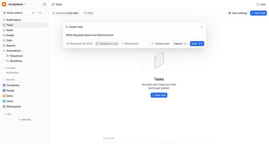 Attio
			 task management sidebar navigation trial banner keyboard shortcuts quick actions ui page example