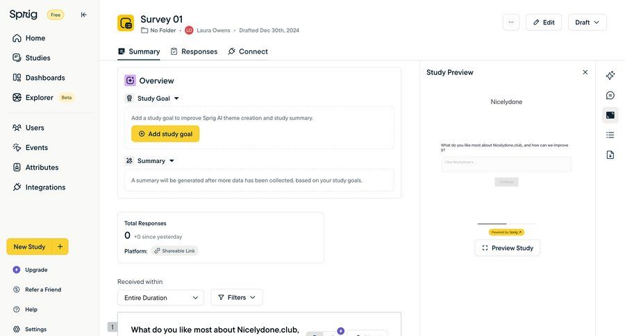 Sprig
			 user research data analysis feedback collection document list dropdown filters call recording sidebar data visualization real-time editing summary ui page example