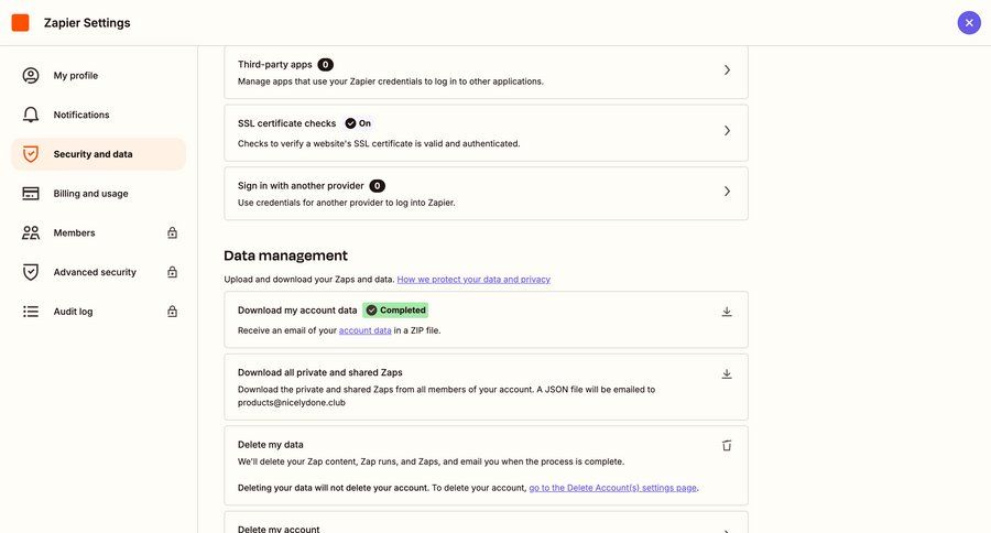 Zapier
			 data management configuration settings account management progress indicator account security account settings account deletion full-screen layout hierarchical navigation sidebar data privacy ui page example