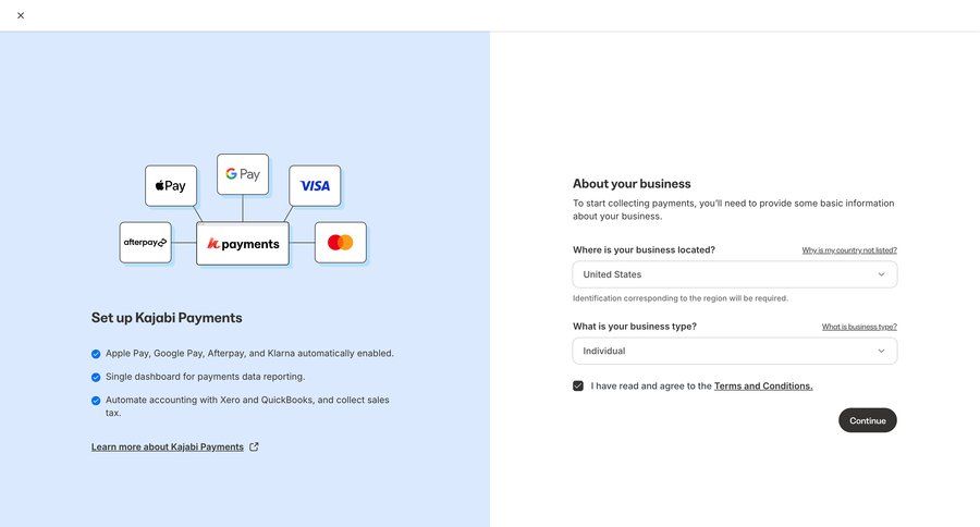 Kajabi
			 e-commerce onboarding form account setup setup payment options pay bill payment processing ui page example