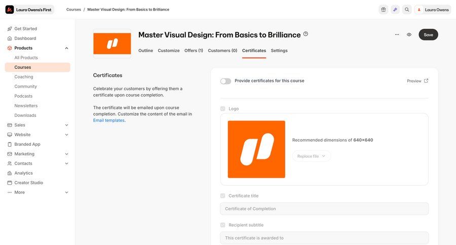 Kajabi
			 settings form hierarchical content save changes course creation sidebar ui page example